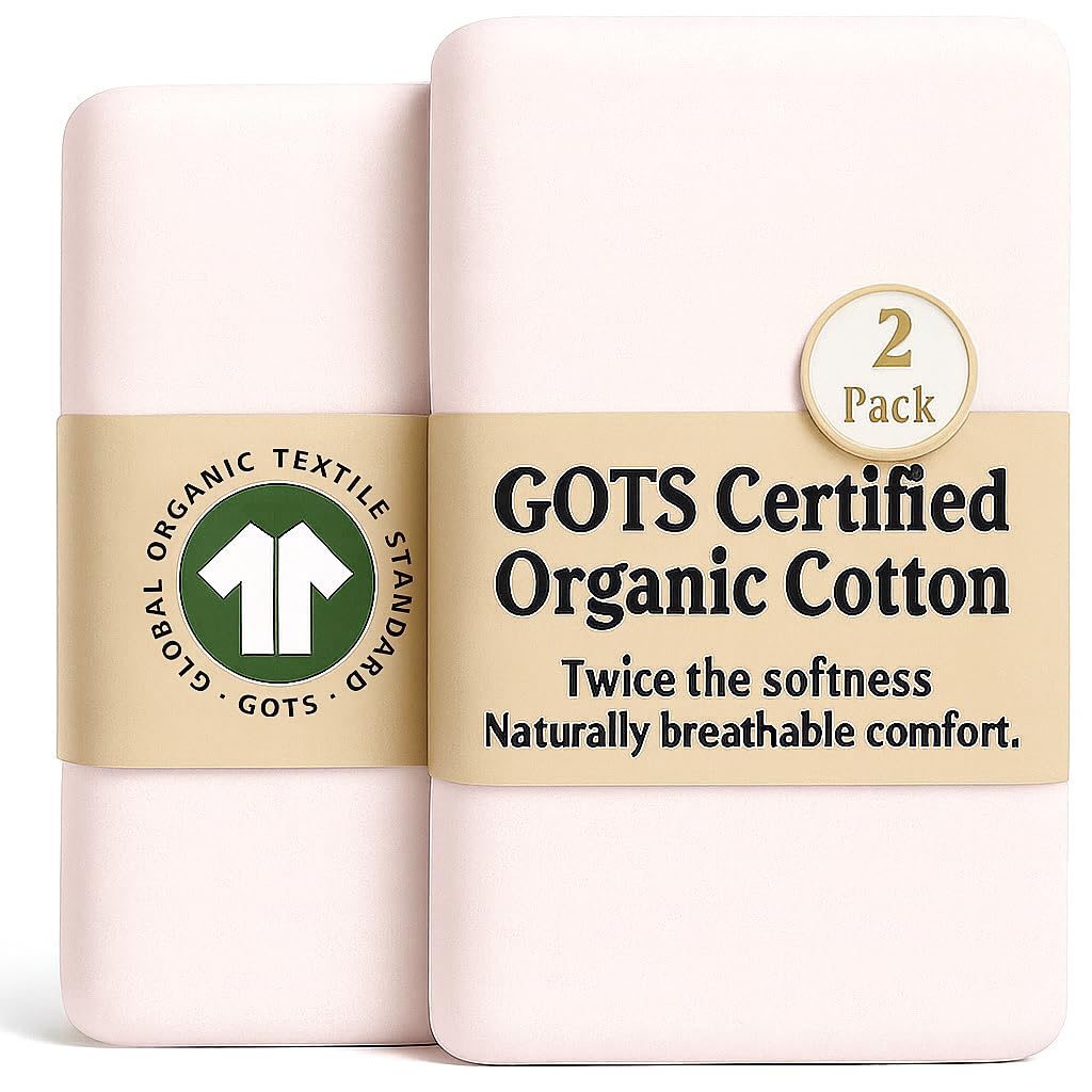 Bunnyjik GOTS Organic 2 x Baby Cot Fitted Sheets - Airy & Cooling – 190GSM Organic Cotton - Silky Soft (Pink + Pink, 120x60cm)