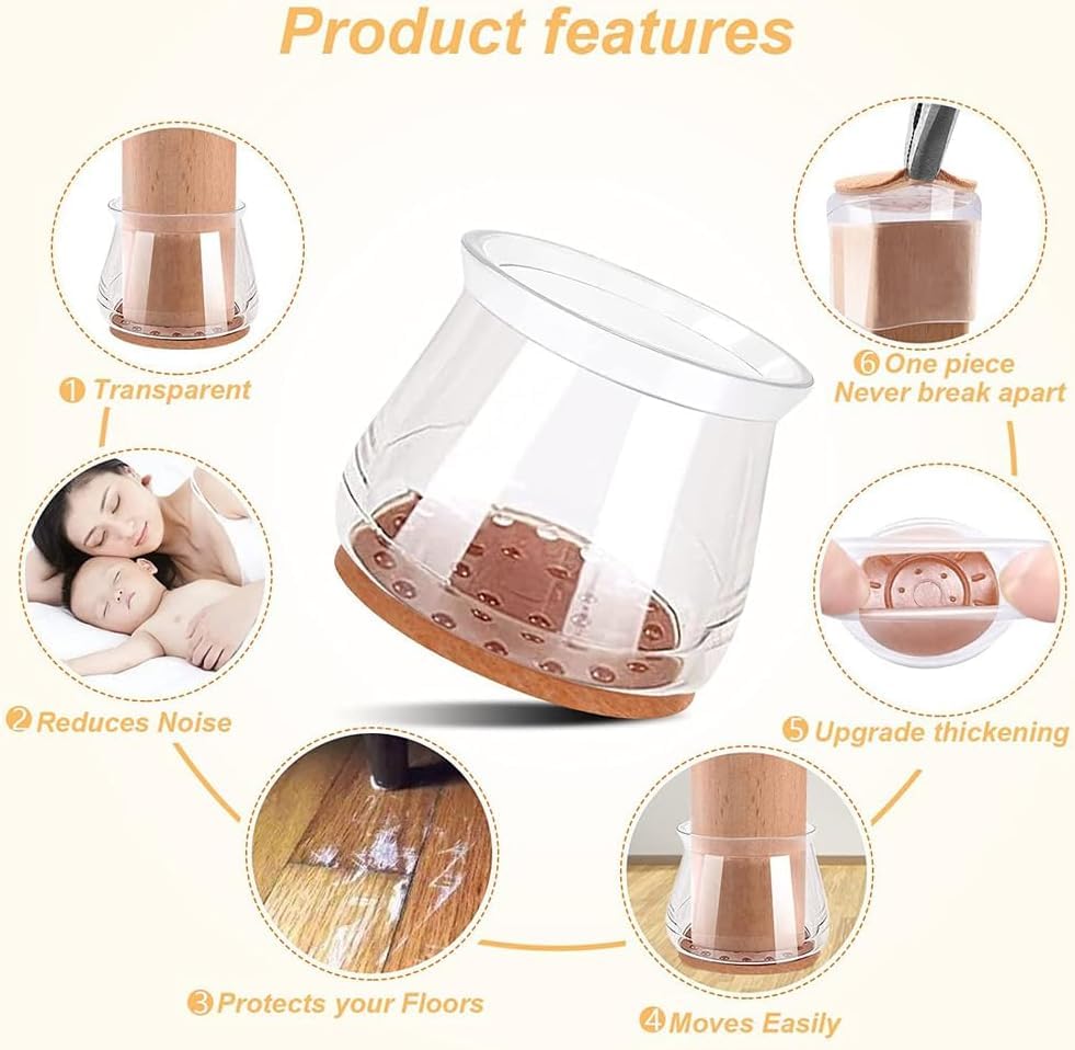 Conjunto Completo 24 Peças Protetores Silicone com Feltro para Pés de Móveis - Antirruído e Protetor de Pisos