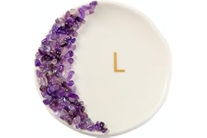 MAXSIRUI Ceramic Initials Ring Dish with Brazilian Amethyst Inlaid, Cute Room Decor Aesthetic, Decorative Jewelry Tray Trinket Dish, Engagement Wedding Birthday for Women (L)
