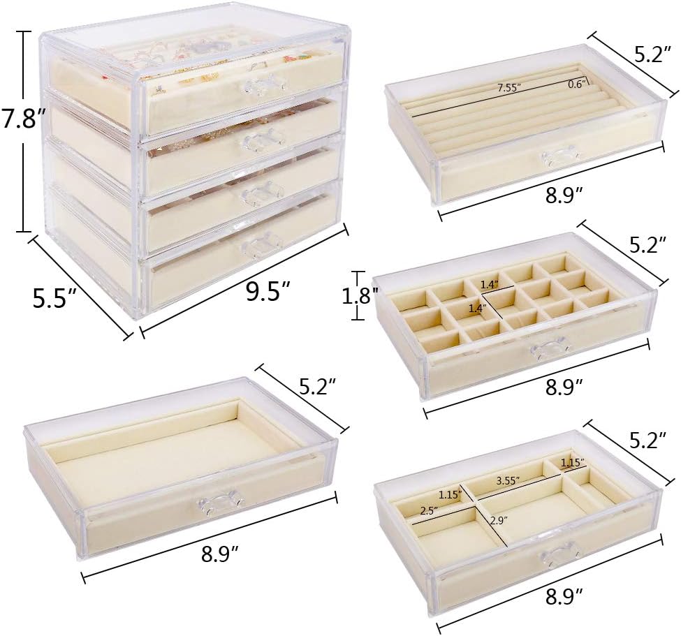Mebbay Acrylic Jewelry Box with 4 Drawers, Velvet Jewelry Organizer for Earring Necklace Ring & Bracelet, Clear Jewelry Display Storage Case for Woman, Beige: Home Improvement