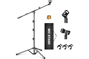 Microphone Stand, Tripod Boom Arm Floor Mic Stand Height Adjustable Heavy Duty with Carrying Bag 2 Mic Clips 3/8" to 5/8" Ada