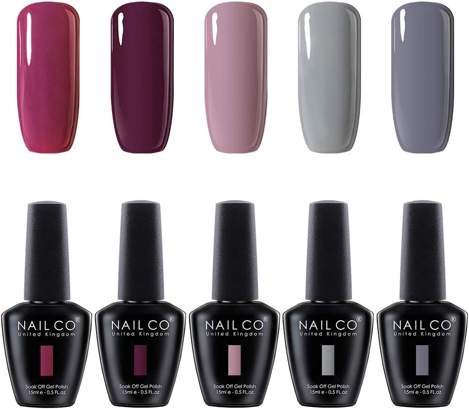 NAILCO Nail Gel Polish Lacquer-5 Pcs (Elegant New Design) Soak Off Varnish Manicure Kit Set05 No Wipe Top and Base Coat for DIY Make Up Accessories Art Sticker Decoration Nail Stamping Plates, Salon