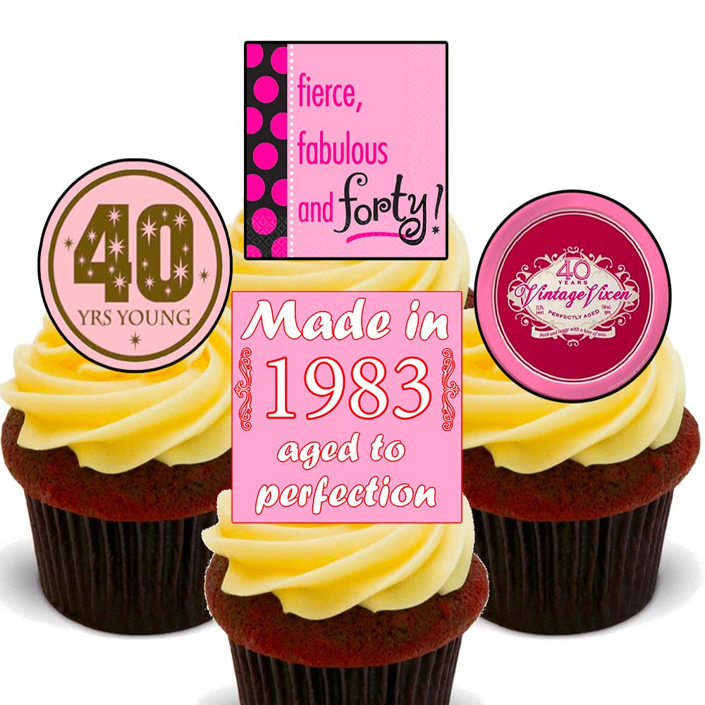 40th Birthday Female Funny, Edible Cupcake Toppers - Stand-up Wafer Cake Decorations (Pack of 12)