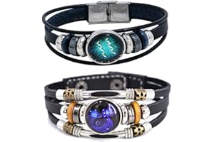HEWILL 2Pcs Multilayer Constellation Zodiac Leather Bracelet Handmade Woven Zodiac Sign Wrap Bracelet Wristband for Women Men Jewelry Birthday Gift