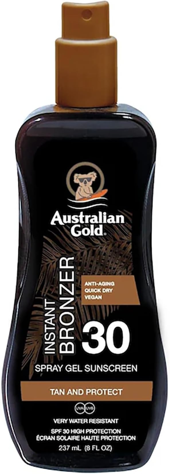 Australian Gold SPF 30 Spray Gel Instant Bronzer 237ml UVA UVB Protection