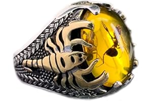 HSQYJ Retro Oval Yellow Agate Cocktail Rings Gothic Hip Hop Punk Crystal Zircon Scorpion Party Ring for Men Boy Fashion Jewellery Gifts