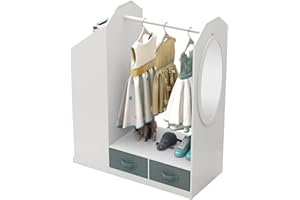 GUANGSHUOHUI Kids Costume Organizer,Costume Rack, Kids Dress up Storage with Mirror and Storage Bin,Open Hanging Kids Play Armoire Dresser with Mirror,Pretend Storage Closet for Kids,Costume Storage Dresser,WHITE