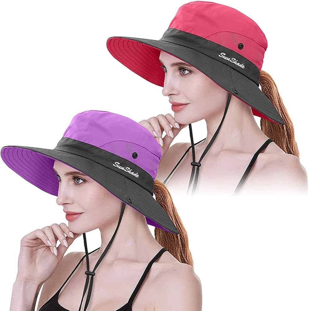 Womens Fisherman Hats, 2Pcs UV Protection Sun Hat, Ponytail Wide Brim Caps at Amazon Womenâs 