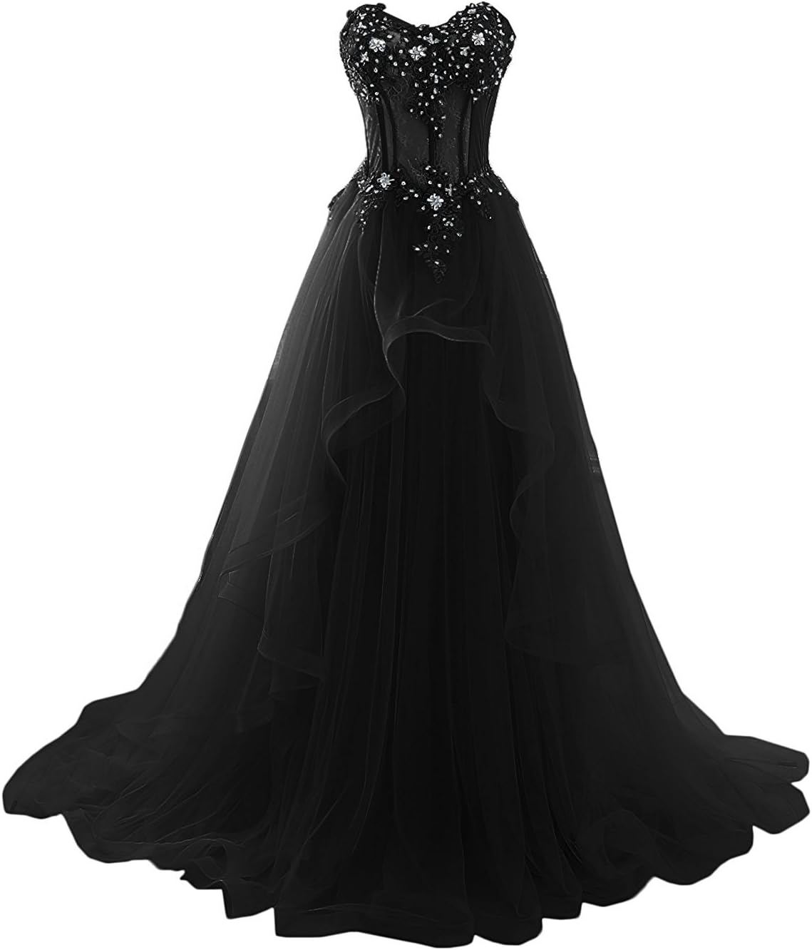 MaricopyjamWomen's Sheer Waist Fishbone Symmetrical Peplum Long Prom Dress