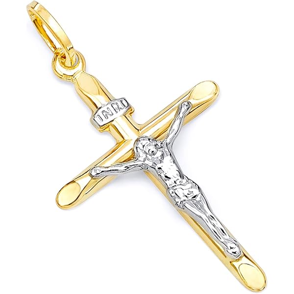10K Two Tone Gold INRI Cross Pendant - Handcrafted Catholic Crucifix Charm Necklace