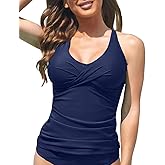 Fanuerg Tankini Top Only Twist Front Bathing Suit Tops for Women Tummy Control Tank Tops V Neck Swimsuit Top No Bottom