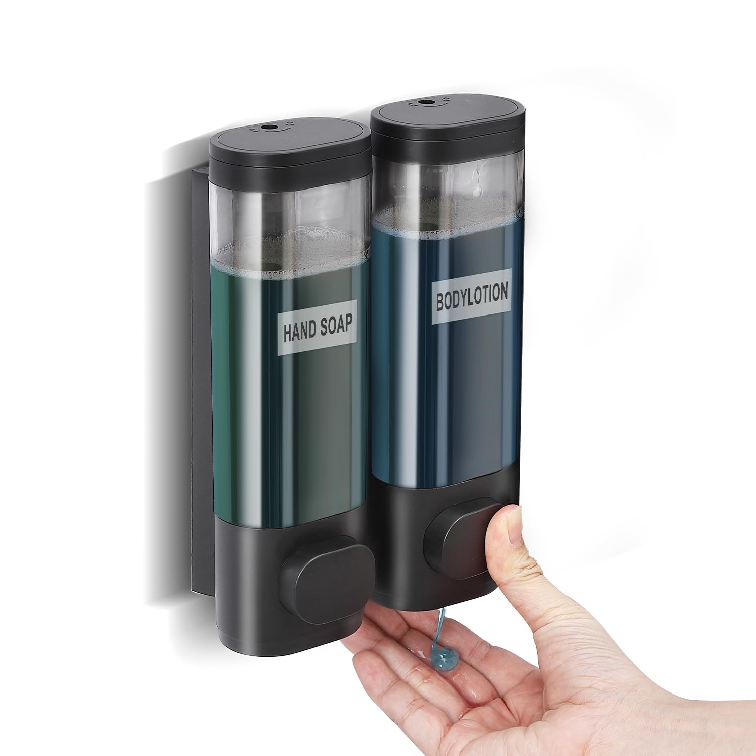 Szmst Shampoo and Conditioner Dispenser, 2 Chamber No Drill Shampoo Dispenser for Shower Wall Mounted Body Wash Conditioner for Bathroom 300ML*2 (Black 2 Chamber)