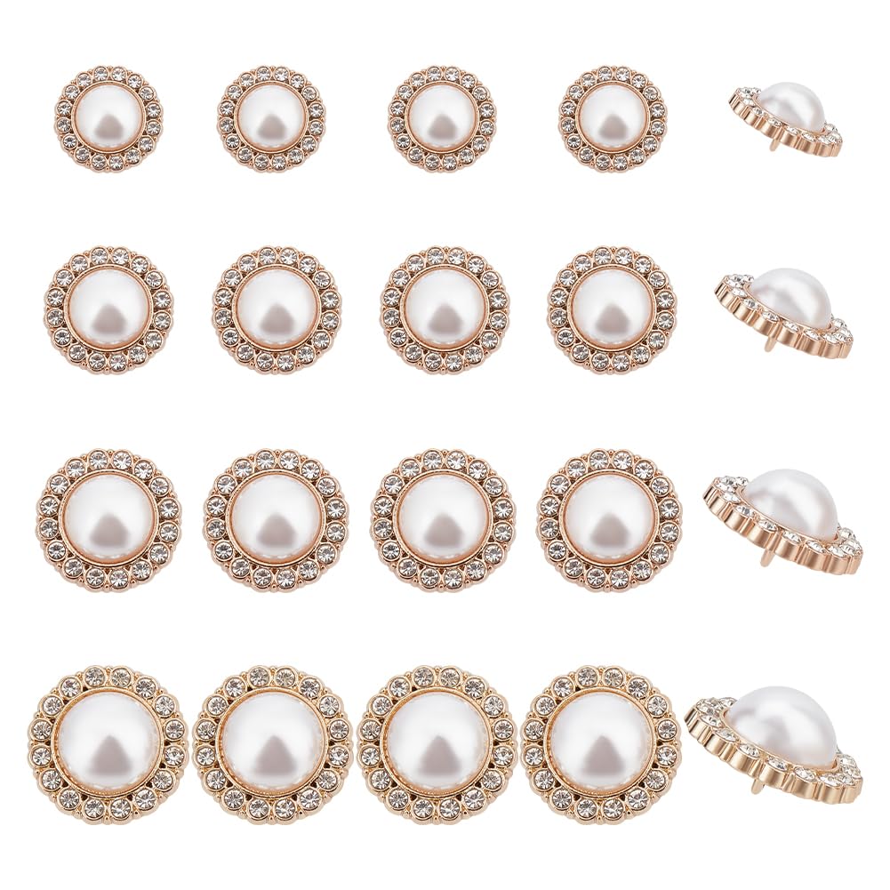 NBEADS 24 Pcs 4 Sizes Metal Flower Pearl Button, 1-Hole Alloy Rhinestone Shank Buttons Flat Round Buttons with Plastic Pearl Beads for Overcoat Garment Accessories DIY Project, Golden