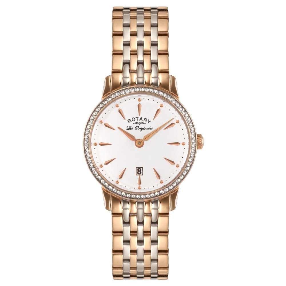 Rotary Women's Quartz Watch with White Dial Analogue Display and Rose Gold Stainless Steel Bracelet LB90057/06