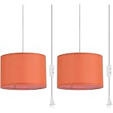 IHENGYANLT 2 Pack Plug in Pendant Light, Hanging Light with 15Ft Clear Cord, On/Off Switch, Dark Orange Fabric Lamp Shade, Hanging Light Fixture for Bedroom, Kitchen