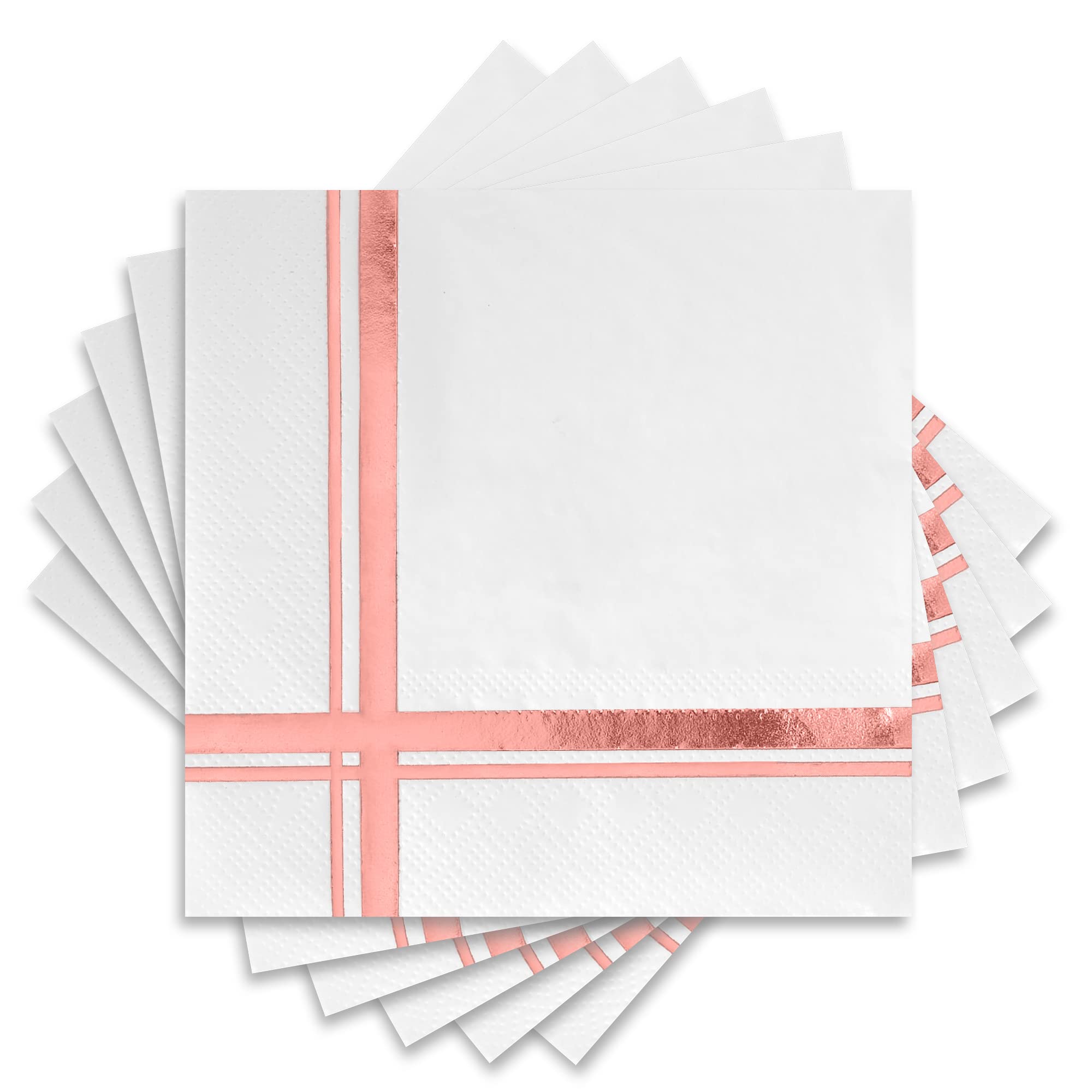 Fanxyware White and Rose Gold Cocktail Napkins, 3-ply, 100 Pack, 5" x 5" - Pretty Beverage Napkin - Shiny Rose Gold Design on White Cocktail Napkin - Perfect for Bridal Showers, Weddings and Birthdays