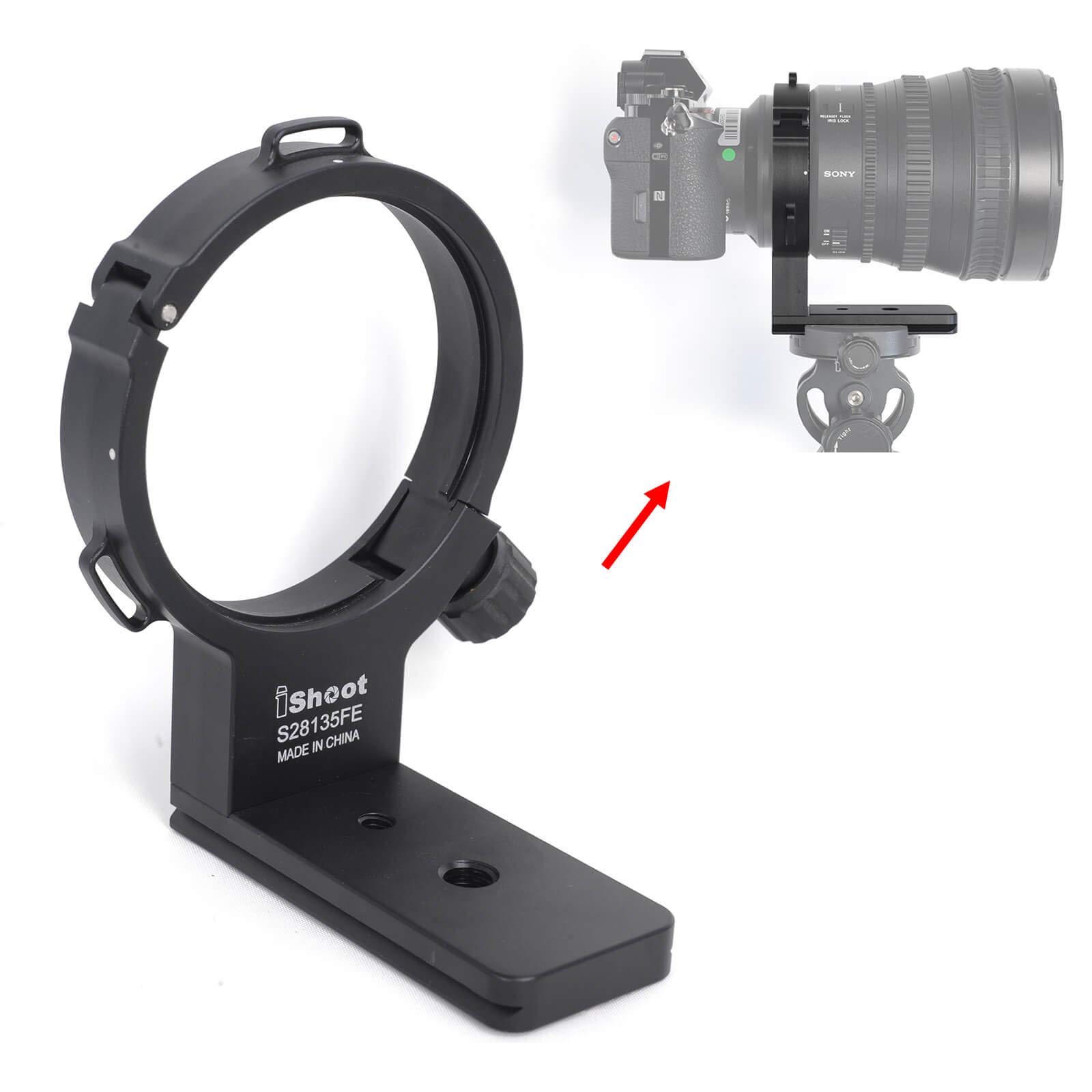 iShoot Lens Collar Support Bracket Holder for Sony FE PZ 28-135mm f/4 G OSS SELP28135G, CNC Machined Lens Tripod Mount Ring, Bottom is ARCA Fit Quick Release Plate for ARCA-SWISS Type Tripod Ball Head