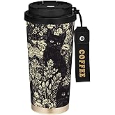 Selerdon 17 oz Insulated Coffee Mug Cat Flower with Straw and Leak Proof Lid Double Wall Water Bottle Stainless Steel Vacuum Thermal Travel Drinking Cup for Hot/Cold Drink