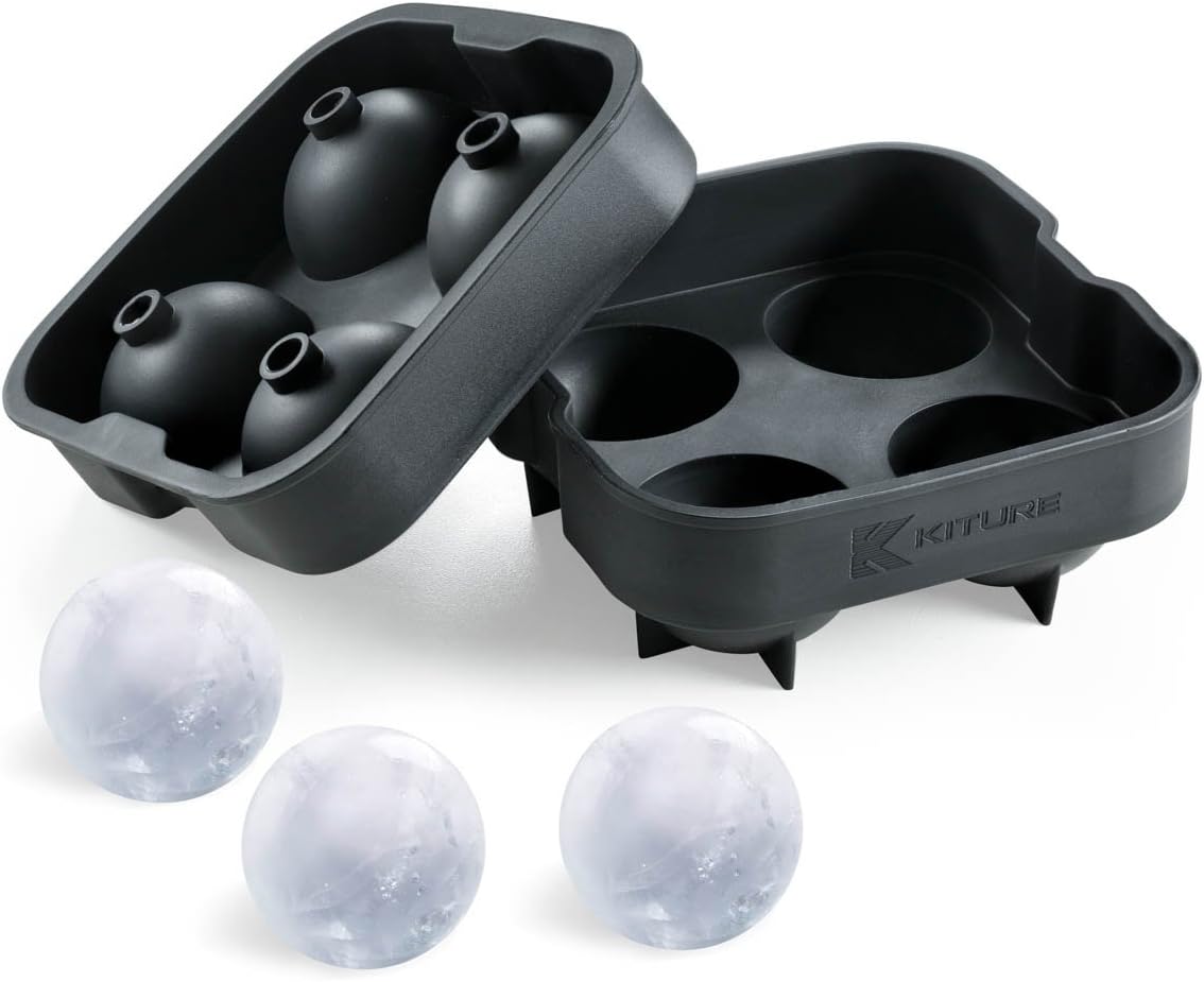 Kiture Silicone Ice Ball Maker Mold, Produces 4x1.75 Inch Diameter Ice-balls for Chilling Drinks