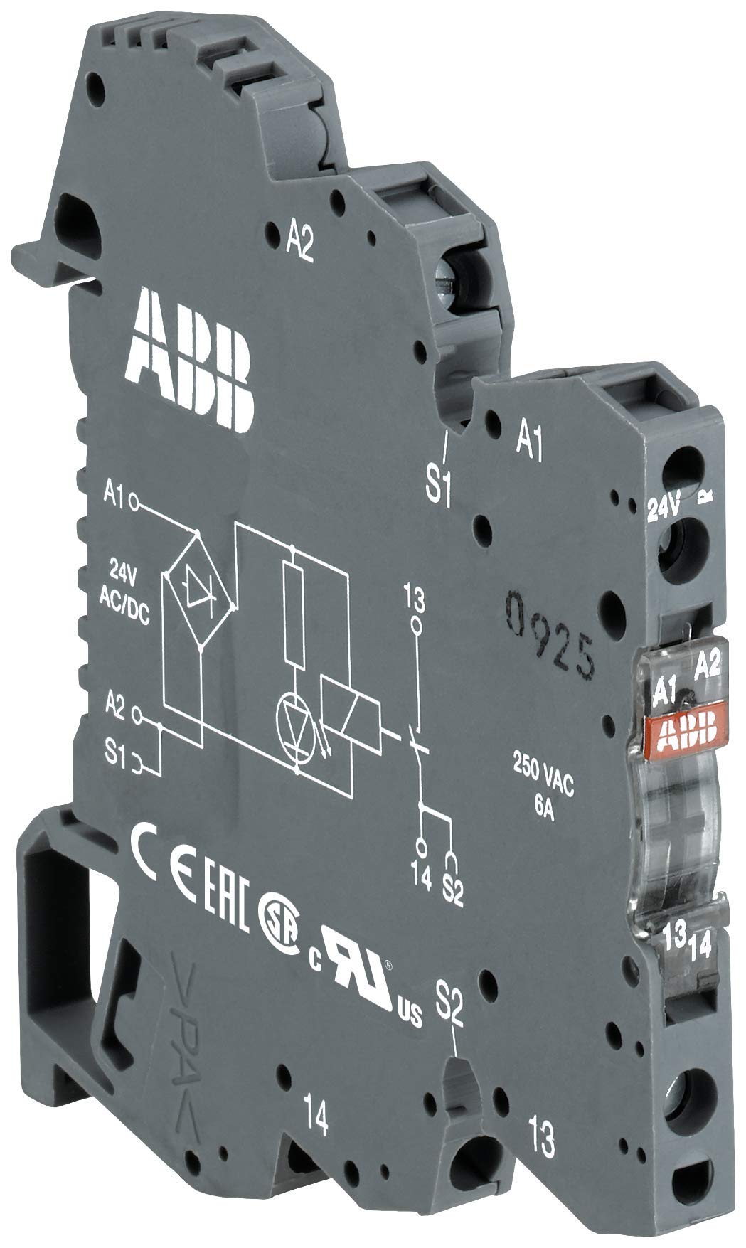ABB RB121-48-60VUC Interface Relay R600 1c/o, A1-A2=48-60V AC/DC, 5-250V AC/60mA-6A (ABB1SNA645002R0400)