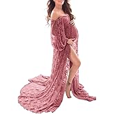 Saslax Soft Stretchy Lace Off Shoulder Doubly Split A-line Skirt Maternity Dress Pregnancy Maxi Gown for Photoshoot