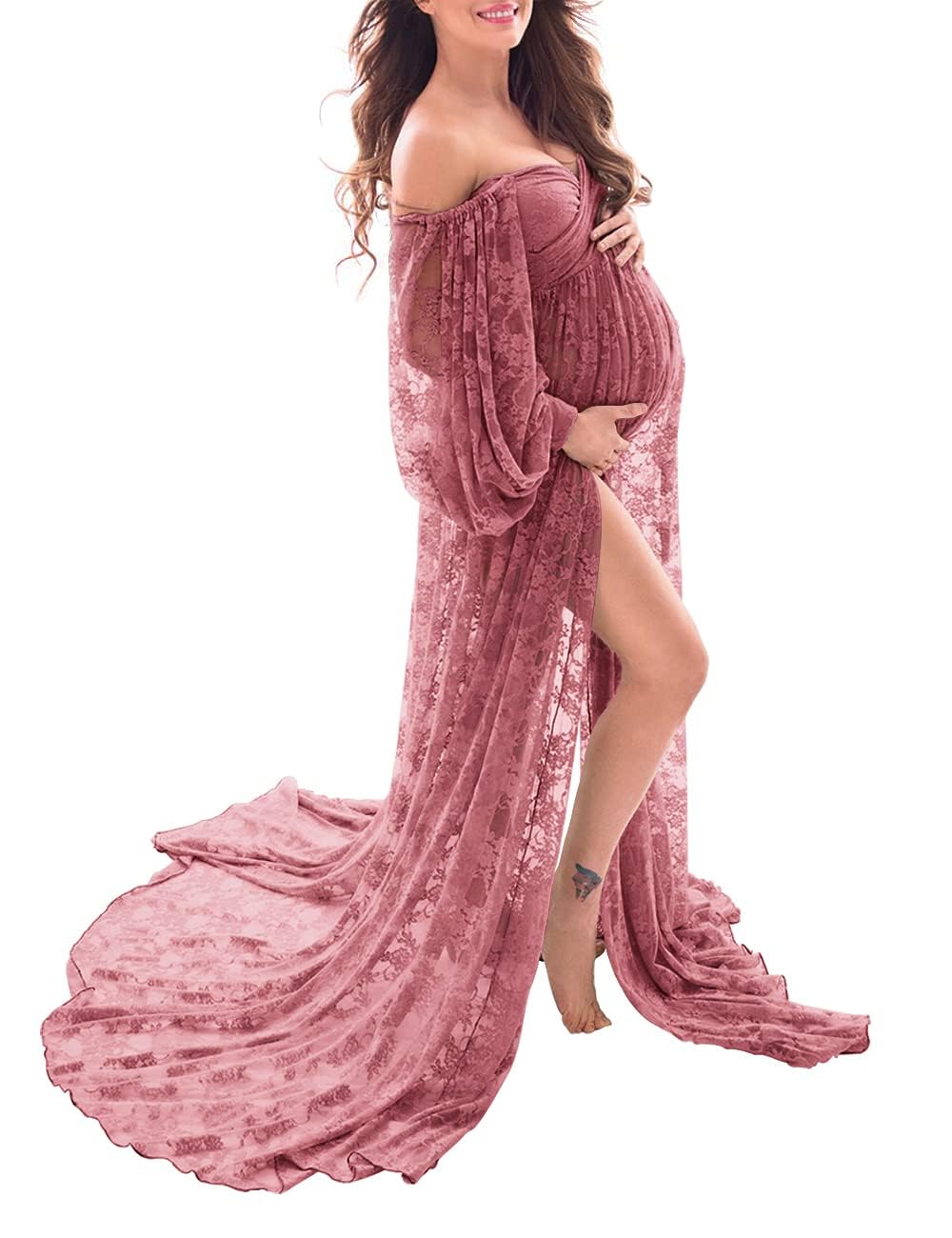Photo 1 of Saslax Lace Off Shoulder Doubly Split A-line Skirt Maternity Dress Soft Stretchy Pregnancy Prop Maxi Gown for Photoshoot Photography Antique Rose Medium
