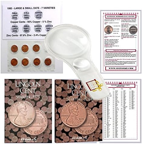 Lincoln Penny Starter Collection Kit, with 1982 Varieties, H.E. Harris [2674] Lincoln Cent Folder Vol. 3, [4002] Folder Vol. 4, Magnifier &amp; Checklist, (5 Items) Great Start for Beginner Collectors