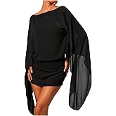 MakeMeChic Women's Boat Neck Cape Sleeve Mini Dress Ruched Bodycon Elegant Short Dresses