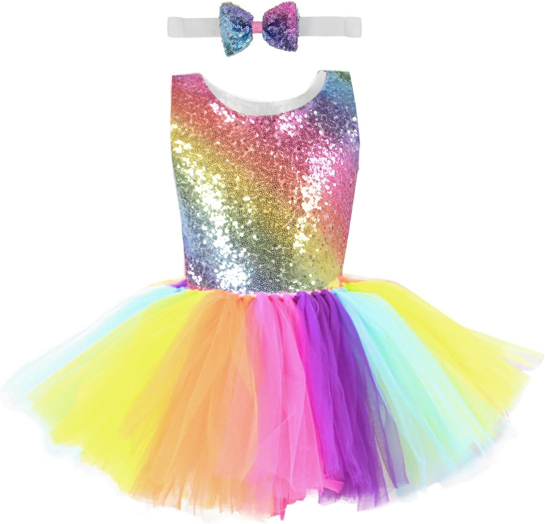 10T Rainbow Sequin Tutu Dress Girls Tulle Unicorn Party Dress with Bow Tie for Unicorn Party Wedding Dancing