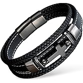 VANFORWYN Mens Bracelet Cross Multilayer Black Braided Genuine Leather Bracelet for Men Christian Jewelry 316L Stainless Steel Clasp Religious Gift for Men