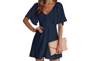 Cicy Bell Women's Sexy Low V-Neck Mini Dress Short Sleeve Bow Knot Dresses Elegant Summer Dress