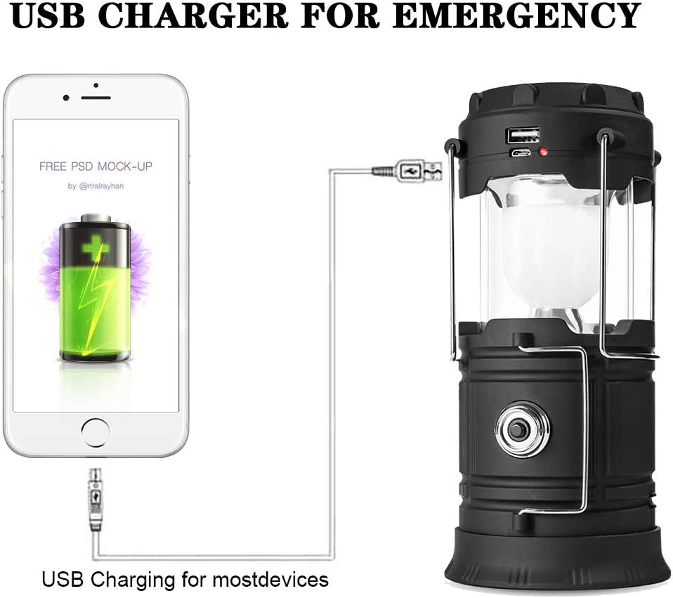 Solar Lantern Flashlights, USB Rechargeable Camping Lantern Led, Collapsible & Portable for Emergency, Hurricanes, Power Outage, Storm (Black 1) - - 