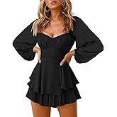 Fixmatti Women off Shoulder Rompers Lantern Long Sleeve Ruffle Tie Mini Shorts Jumpsuit