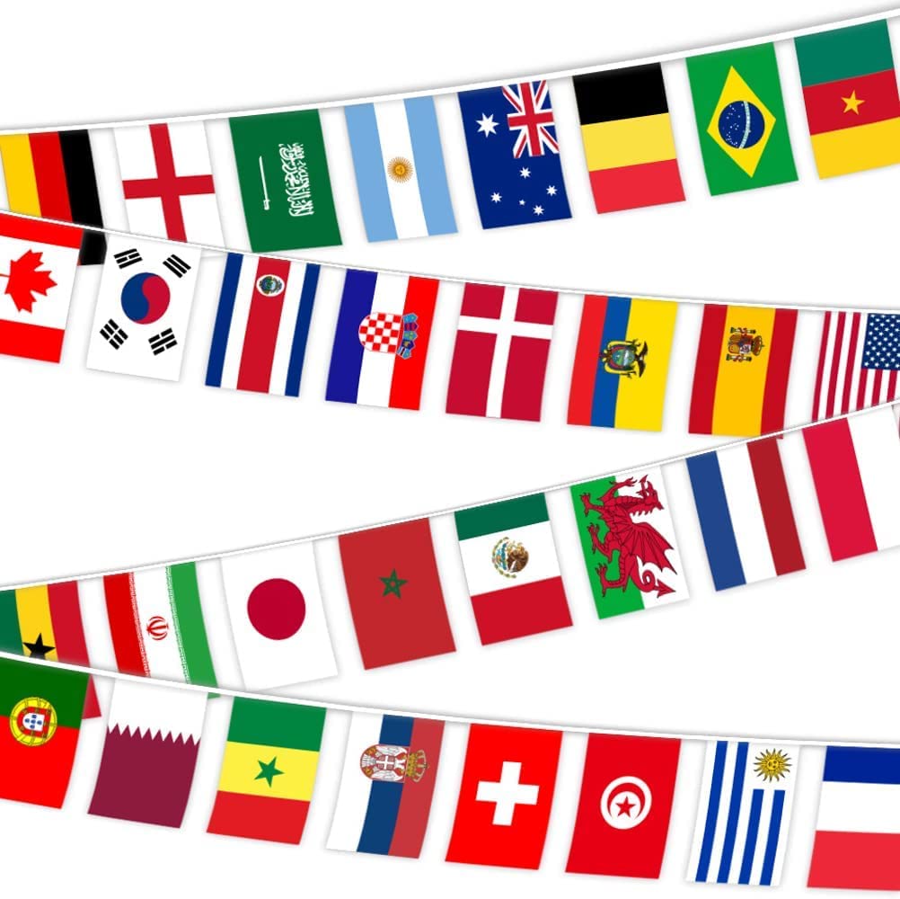 Qatar World Cup 2022 International Bunting Banner 10m Fabric Small Country Flags with 32 Football Team National Flags for Bar Football Garden Restaurant Eurovision Party Decorations/14 x 21CM