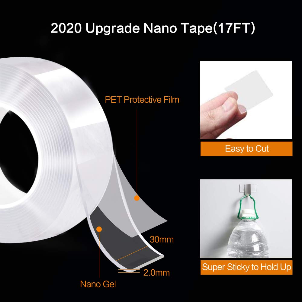 Nano Double Sided Tape Heavy Duty - Multipurpose Removable Traceless Mounting Adhesive Tape for Walls，Washable Reusable Strong Sticky Strips Gel Grip Tape, Carpet Mat Poster Tape for Home Office(17FT): Industrial & Scientific