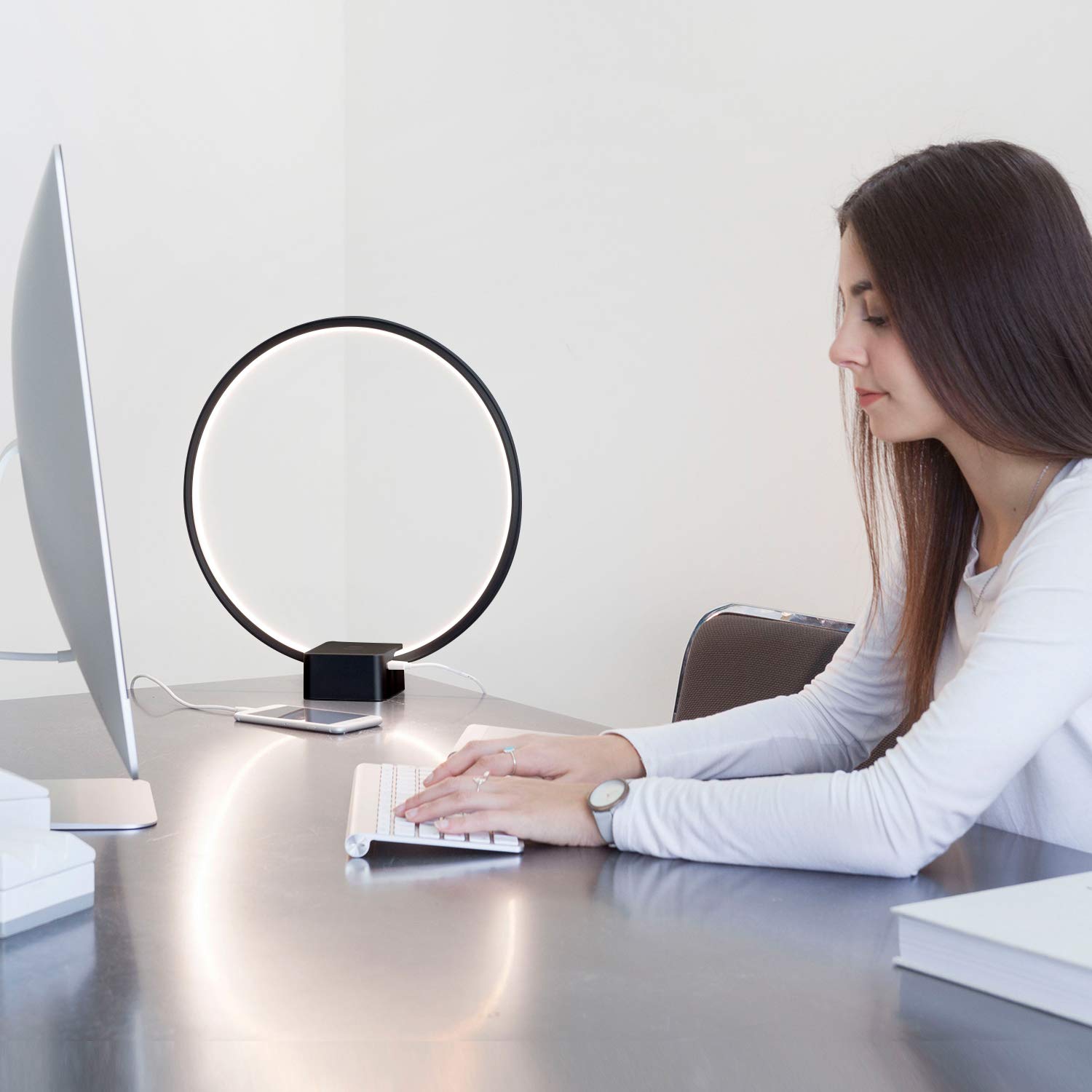 Brightech Circle LED Nightstand Lamp with USB Port – Compact Bed Stand Lamp for Bedroom, Living Room - Modern Asian Table & Desk Lamp on Side & End Tables - Jet Black