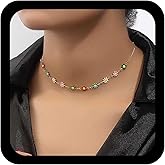 Allereyae Vintage Colorful Flower Choker Necklace Daisy Flower Necklace Enamel Floral Necklaces Floral Bead Necklaces Chain Daisy Beads Jewelry for Women(Style1)