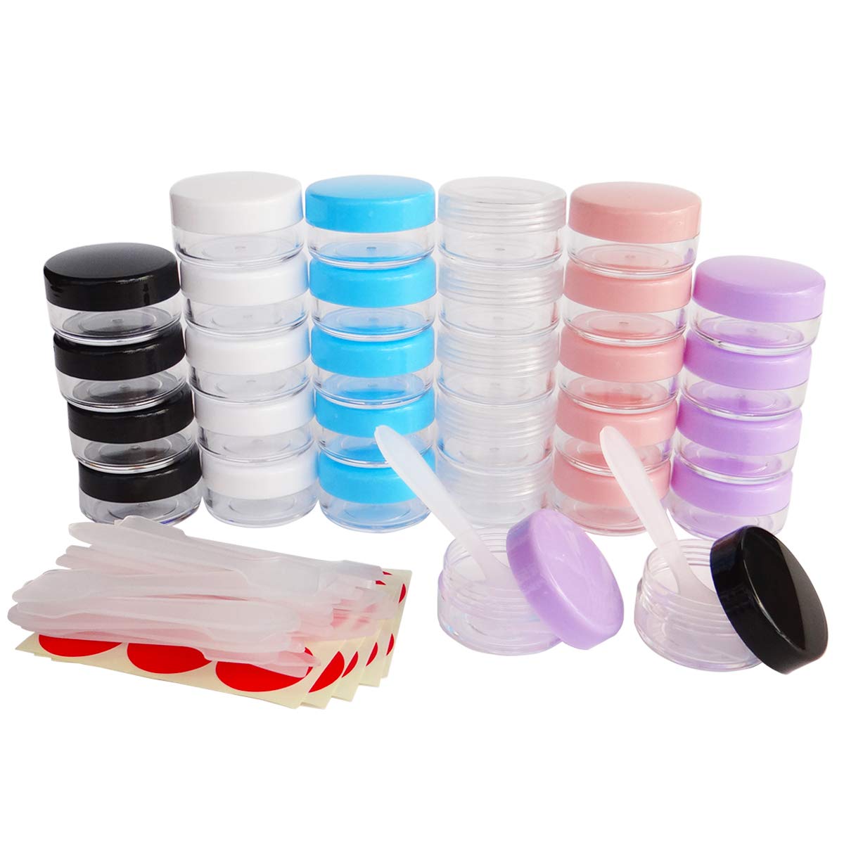 Wopanxye 30pcs 10ml Empty Sample Pots, Small Plastic Cosmetic Jars, 10g Mini Multi-color Travel Makeup Container, for Toiletries Face Creams, Moisturizers, Lip Gloss, Nails, Free Spatulas + Stickers