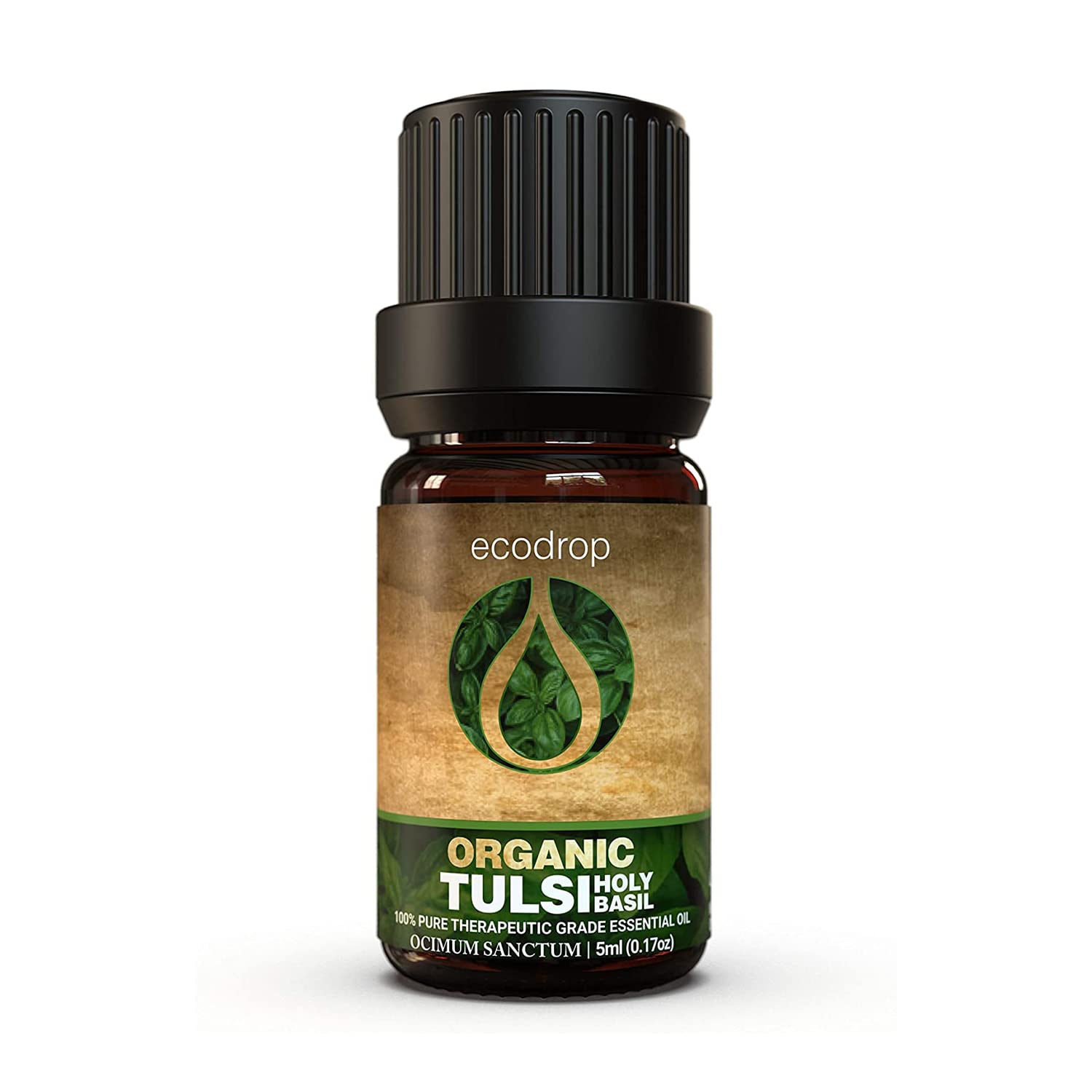 Ecodrop Tulsi Essential Oil - 5ml | 100% Pure, Natural & Organic Holy Basil, Ocimum Sanctum Oil | Mind & Body Aromatherapy Diffuser & Bath Oil for Stress, Meditation, Skin & Wounds