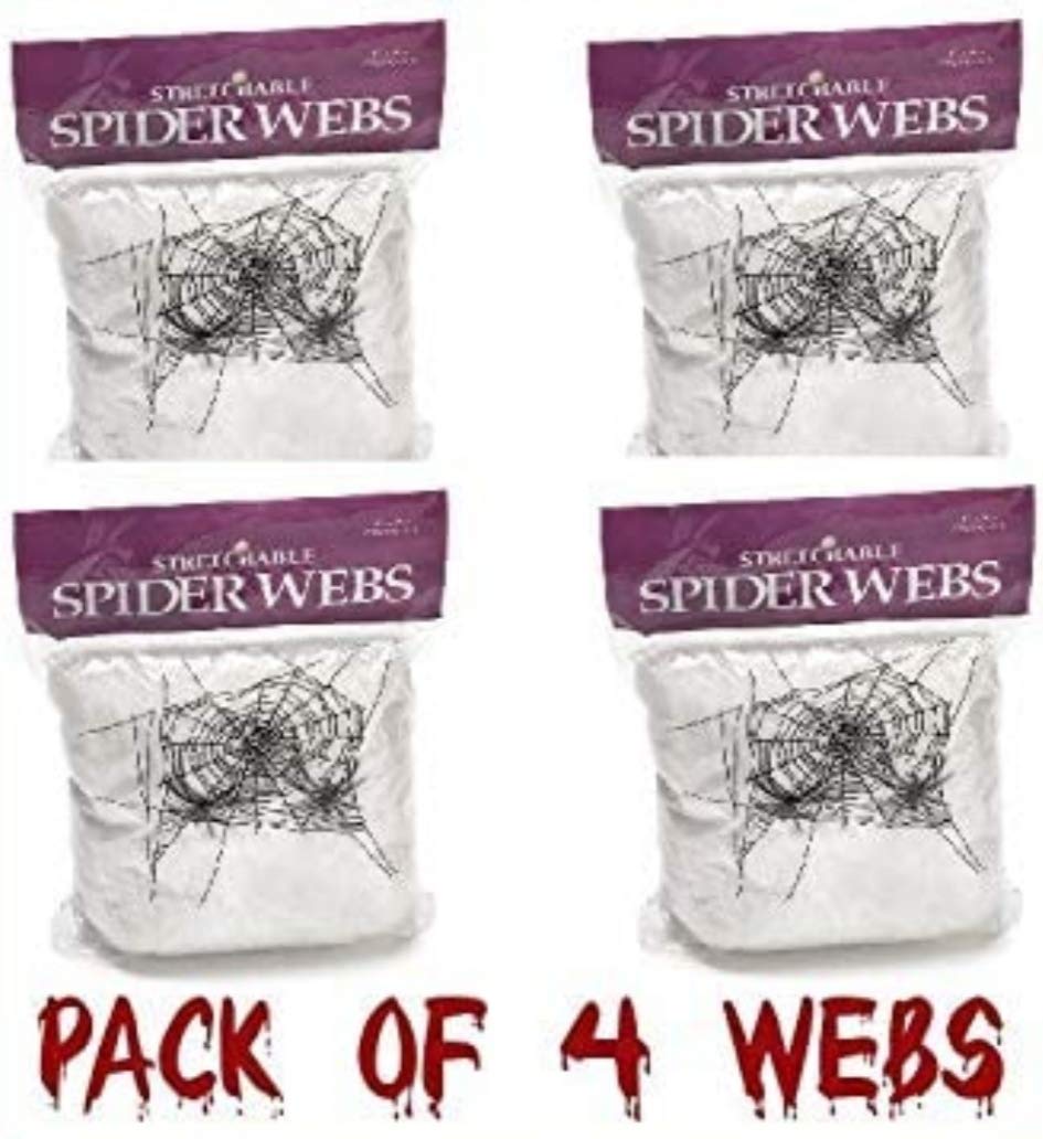 [Pack of 4 White Webs] Halloween Decoration Props Spider Webs including Plastic Spiders Party Decorations 4x White Coloured Webs