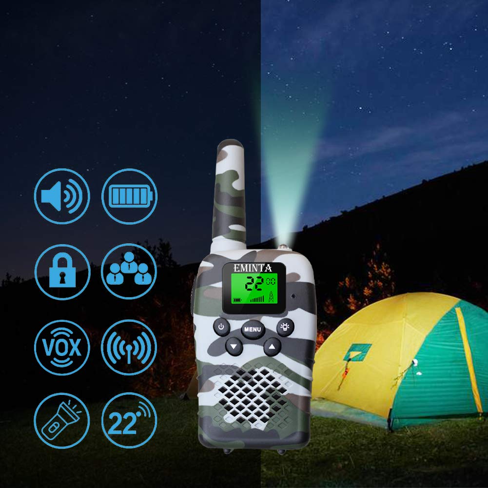 EMINTA Rechargeable Kids Walkie Talkies, 5 Miles Long Range 22 Channels 2 Way Radios with Flashlight LCD Screen VOX, 2020 Best Toys for Boys Girls Outdoor Adventure (Camo Gift Box)