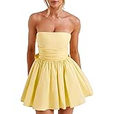 LuFeng Women's Strapless Mini Dress Ruched Sleeveless Off Shoulder A-Line Pleated Short Dress with Oversized Bow