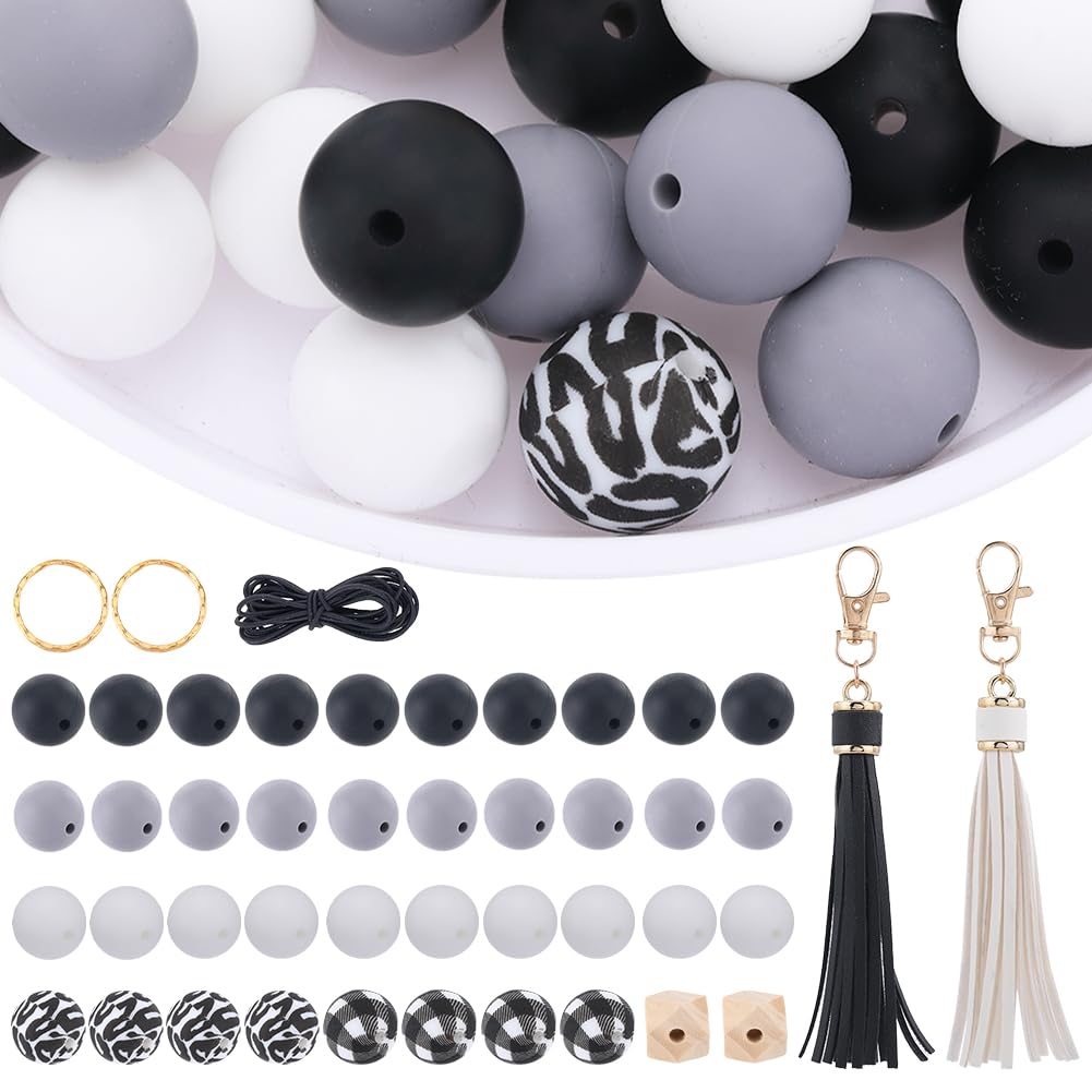 SUNNYCLUE Silicone Bead Keychain Making Kit Beads Silicone Bulk Black White Rubber Assorted Round Ball for jewellery Making Kits Adult DIY Keychains Key Ring Supplies