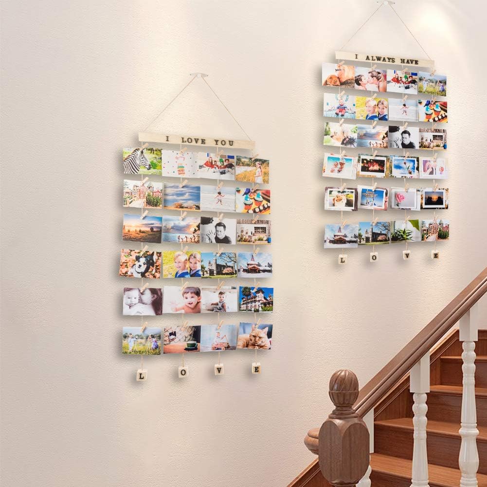 MOVEONSTEP Set of 2 Hanging Photo Display with 40 Clips Photo Display Board for Hanging Prints DIY Wood Picture Frames Collage for Home Decoration (2 Sheets Alphabet & Number Stickers) - Image 3