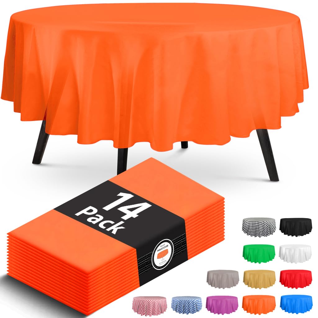 Premium Round Orange Plastic Tablecloth - 84 x 84 in. Disposable Plastic Table Cloth - Smooth Decorative Table Cover - For Parties, Weddings