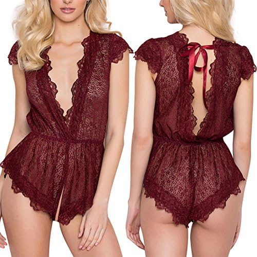 ALLovable Women Sexy Lingerie Lace Teedy Dream Eyelashes Deep V Open Crotch Nighewear(XL, Wine Red)