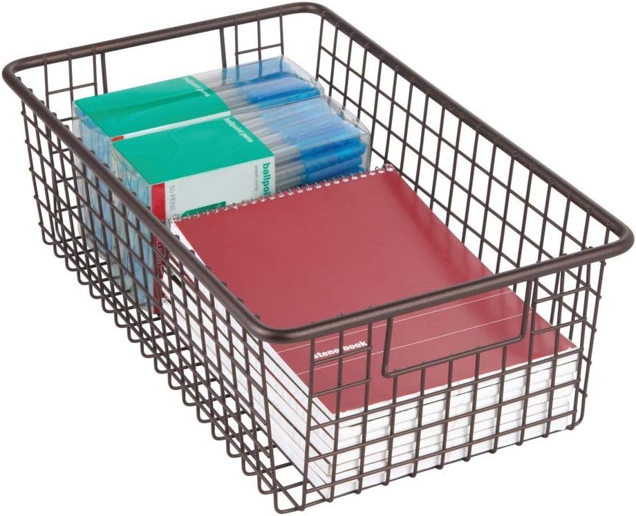 mDesign Farmhouse Decor Metal Wire Home Storage Organizer Bin Basket Holder with Handles - for Desk, Office Supplies, Paper, Colored Pencils, Markers, Tape, Folders, Notepads - 16