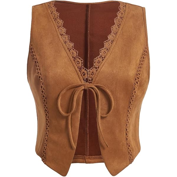 Verdusa Women's Lace Trim Tie Front V Neck Vest Western