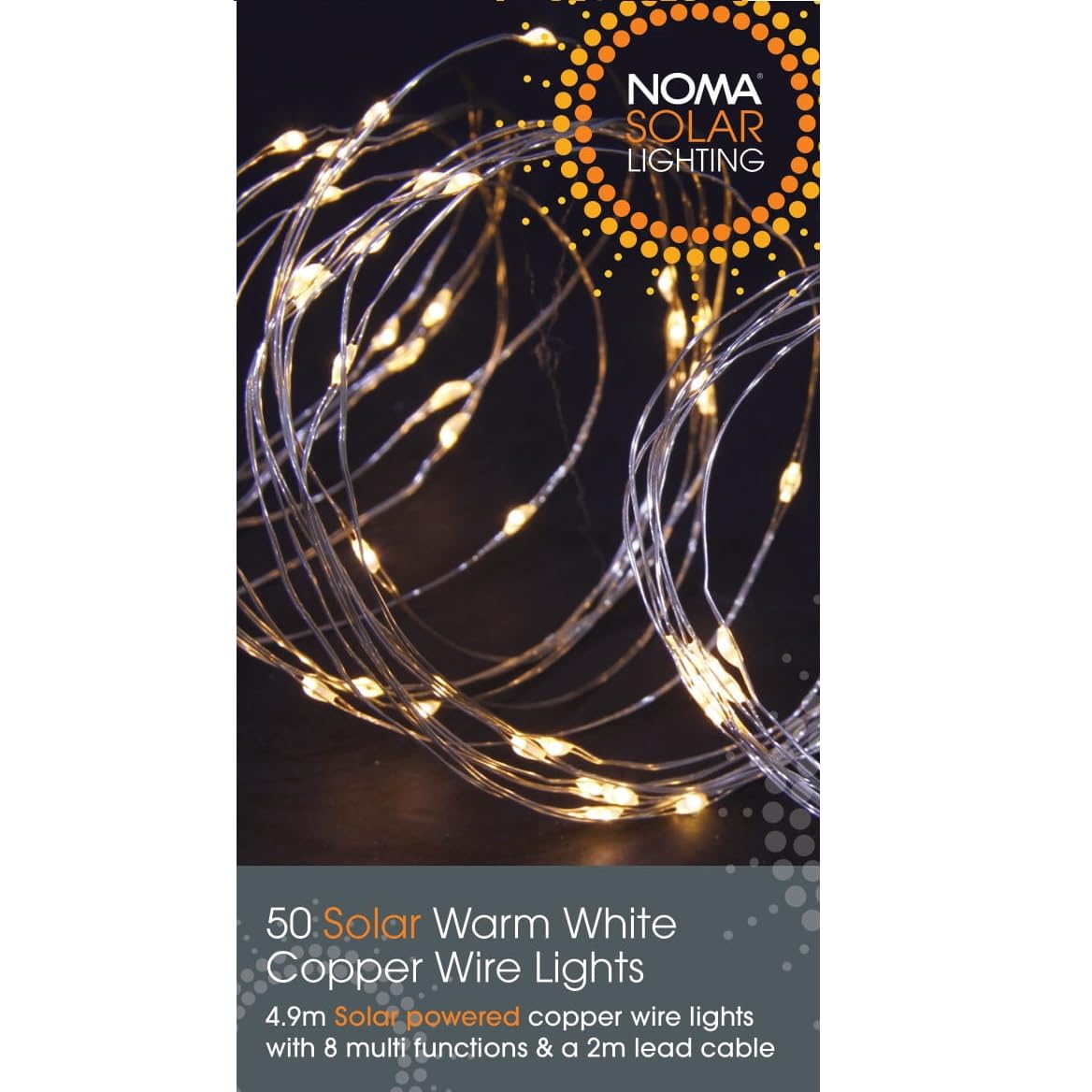 Noma Solar Copper Wire Lights, 50 Warm White LED's, 4.9 m