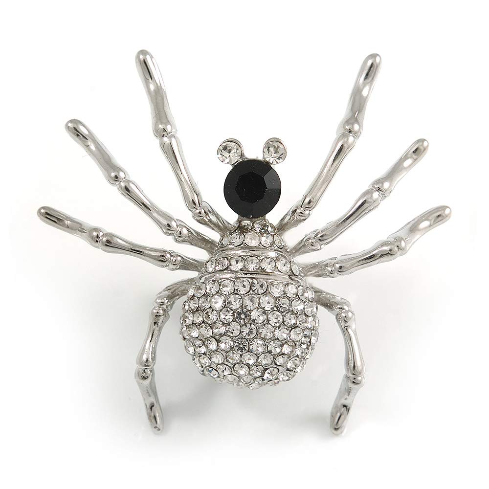 Sparkling Crystal Spider Brooch In Silver Tone Metal (Clear/Black) - 40mm Tall